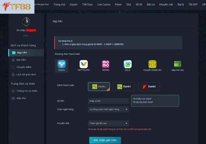 Hướng dẫn chi tiết nạp tiền TF88 đơn giản và nhanh chóng.
